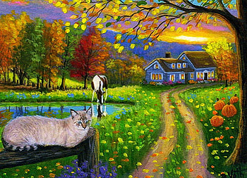 Evening on Ellies Farm, path, house, colors, cat, pumpkins, artwork, painting, trees, autumn HD wallpaper