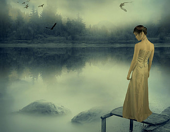 In My Thoughts, lonely, lake, woman, longing HD wallpaper