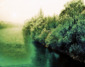 River reflections, river, shadows, green, trees, misty, reflections HD wallpaper