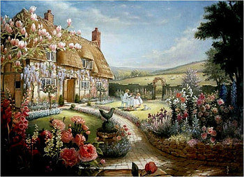Peaceful life (for mememe1), painting, art, path, flower, house, mother, tree HD wallpaper