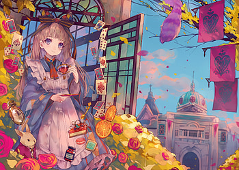 Alice, blue, cha gona, girl, pink, anime, yellow, flower, card, manga HD wallpaper