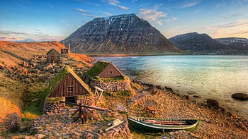Rustic Countryside, boat, huts, landscape, mountains, lake HD wallpaper