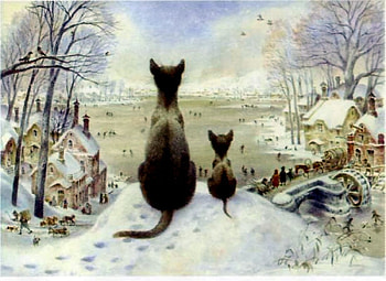 First Snow, Winter, Houses, Snow, Trees, Cats, Kitten, Sky HD wallpaper
