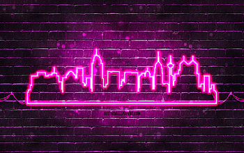 San Antonio purple neon silhouette, , purple neon lights, San Antonio skyline silhouette, purple brickwall, american cities, neon skyline silhouettes, USA, San Antonio silhouette, San Antonio HD wallpaper