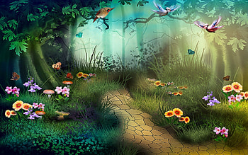 Enchanted Forest, elves, painting, butterfly, path, trees, flowers, mushrooms HD wallpaper