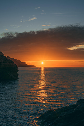 Nature, Sunset, Sea, Rocks, Horizon, Glare HD phone wallpaper