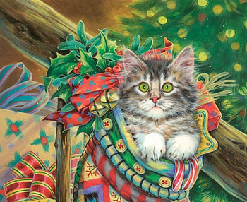 The Christmas gift, cat, kitten, craciun, art, cute, gift, sock, painting, pisici, red, christmas, pictura, green HD wallpaper