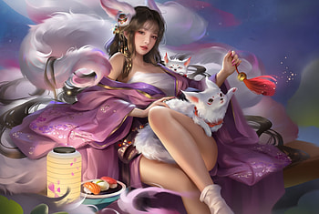 Pretty Girl, digital, art, fantasy, , cute, lantern, girl, fox HD wallpaper