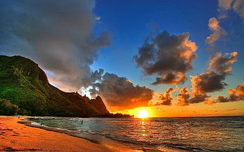 Sea, Nature, Sunset, Mountains, Sun, Clouds, Beach, Shore, Bank, Evening, Calm HD wallpaper