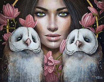 Luna - Modern Eden, sophie wilkins, eve, girl, spring, owl, pink, fantasy, painting, flower, portrait, pictura, bufnita, face, pasari, bird, art, magnolia, eden HD wallpaper