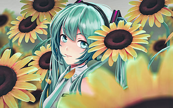 Hatsune Miku, sunflowers, Vocaloid, manga, portrait, Vocaloid characters, Hatsune Miku Vocaloid HD wallpaper