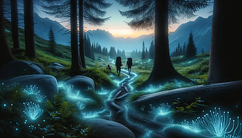 Mystical Backpacking Journey, backpacking, hiking, forest, glowing mushroom, mountain HD wallpaper