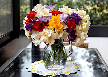 Flowers, Bouquet, Jug, Table, Napkin HD wallpaper
