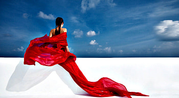 Beauty, graphy, girl, beautiful, romance, red dress, woman, lady, pretty, red, clouds, nature, sky, romantic, sensual, female HD wallpaper