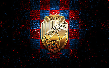 Viktoria Plzen FC, glitter logo, Czech First League, red blue checkered background, soccer, Czech football club, Viktoria Plzen logo, mosaic art, football, FC Viktoria Plzen HD wallpaper