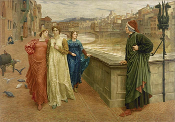 Dante and Beatrice, people, water, orange, henry holiday, man, dante, girl, woman, beatrice, couple, bridge, ar HD wallpaper