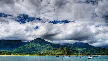 wonderful tropical island r, sea, island, green, boats, clouds, r, mountains, beach HD wallpaper