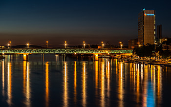 Bridge, night, water, lights HD wallpaper