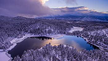 Winter at Goldwater Lake, Prescott, Arizona, winter, snow, trees, clouds, landscape, sky, usa HD wallpaper