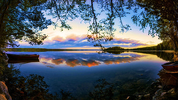 Karijaervi Lake, Kouvola, Finland, water, landscape, trees, clouds, sky, reflections, sunset HD wallpaper