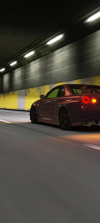 Nissan Skyline R34 GTR, automotive lighting, skyline gtr, car, assetto corsa, mbd_design, shuto expressway, tunnel, midnight purple HD phone wallpaper