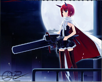 Anime girl, skirt, cute, kawai, girl, chainsaw, anime, moon, weapon, horn, cool HD wallpaper