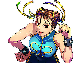 Chun Li, brown eyes, smile, hair ribbons, blue costume, anime, capcom, video games, brown hair, street fighter, wristbands HD wallpaper