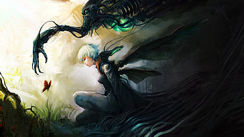 Lost..., black, beautiful, beauty, anime girl, darkness, butterfly, white hair, nature, evul HD wallpaper