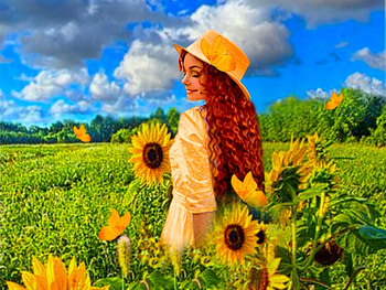 Delicate Orange and Yellow, colorful, blue, white, vibrant, girl, orange, butterflies, vivid, sunflowers, green, yellow, bright, yat, bold, flowers HD wallpaper