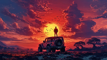 dom On Four Wheels, sunset, clouds, cloud, jeep, car, trees, purple, sky, birds, artist, artwork, art, digital-art, ai HD wallpaper