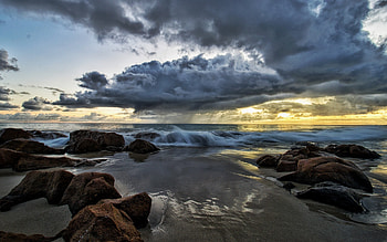 Beach in Western Australia, clouds, rocks, beach, ocean, Australia HD wallpaper