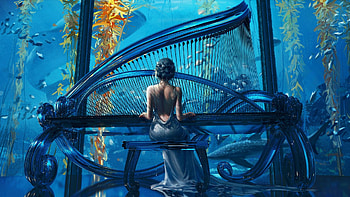 Underwater Piano Player, digital, instrument, art, girl, fish HD wallpaper