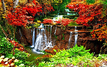Colorful Waterfall, trees, colors, autumn, leaves, river HD wallpaper