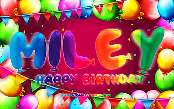 Happy Birtay Miley, , colorful balloon frame, Miley name, purple background, Miley Happy Birtay, Miley Birtay, popular american female names, Birtay concept, Miley HD wallpaper