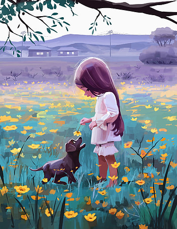 Flowers, Art, Dog, Pet, Girl, Sweetheart, Nice HD phone wallpaper