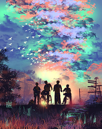 Art, Children, Bicycles, Silhouettes, Friends HD phone wallpaper