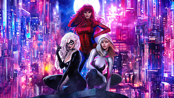 Spiderowman Silk And Black Cat, spider-woman, gwen-stacy, black-cat, superheroes, artwork, digital-art, art HD wallpaper