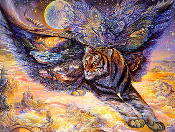 Fairy tiger, blue, animal, copil, butterfly, moon, tigru, josephine wall tiger, wings, frumusete, art, girl, orange, fairy, fantasy, luna, luminos, child HD wallpaper