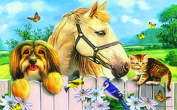 Best Friends in Springtime, butterflies, dog, horse, bird, painting, fence, cat, flowers HD wallpaper
