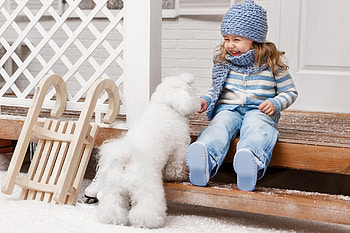 Little girl and puppy, blue, dog, winter, white, girl, copil, puppy, sleigh, child, hat, caine HD wallpaper