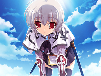 Knight, silver hair, skirt, sword, red eyes, girl, shor hair, anime, weapon, clouds, sky HD wallpaper