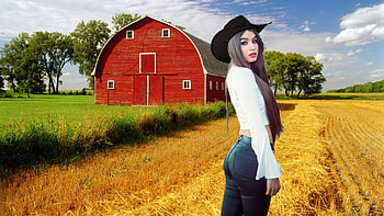 Ranch Breeze, cowgirls, barn, brunettes, hats, field HD wallpaper