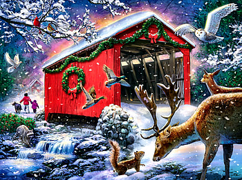 Winter Bridge FC, winter, architecture, art, landscape, beautiful, owl, artwork, scenery, wide screen, wildlife, painting, snow, deer, covered bridge, bridge, squirrel HD wallpaper