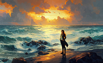 What is beyond the sea?, sunset, oil painting, artistic, beach HD wallpaper
