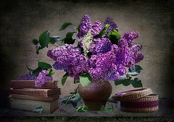 Still life, lilacs, nice, basket, books, delicate, wall, table, room, vase, beautiful, fresh, pretty, freshness, flowers, lovely, harmony HD wallpaper