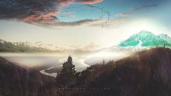 Manipulation Mountains Clouds River Snow Sunset Concept Digital Art , graphy, artist, artwork, digital-art, concept, snow, sunset, clouds, river, snow HD wallpaper
