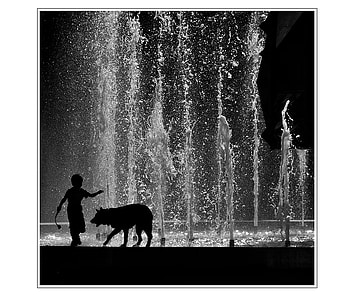 PETER AND THE WOLF, dog, boy, graphy, fountain, bw, water, silhouette HD wallpaper
