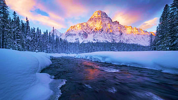 Canadian Rockies, Alberta, sky, mountains, ice, lake, sunset, colors, landscape, snow, clouds, trees, canada HD wallpaper