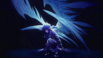Blue Angel With Wings Anime, angel, anime, artist, artwork, digital-art, night, stars, wings HD wallpaper