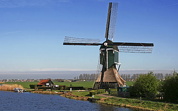Windmill in Netherlands, fields, windmill, water, Netherlands HD wallpaper